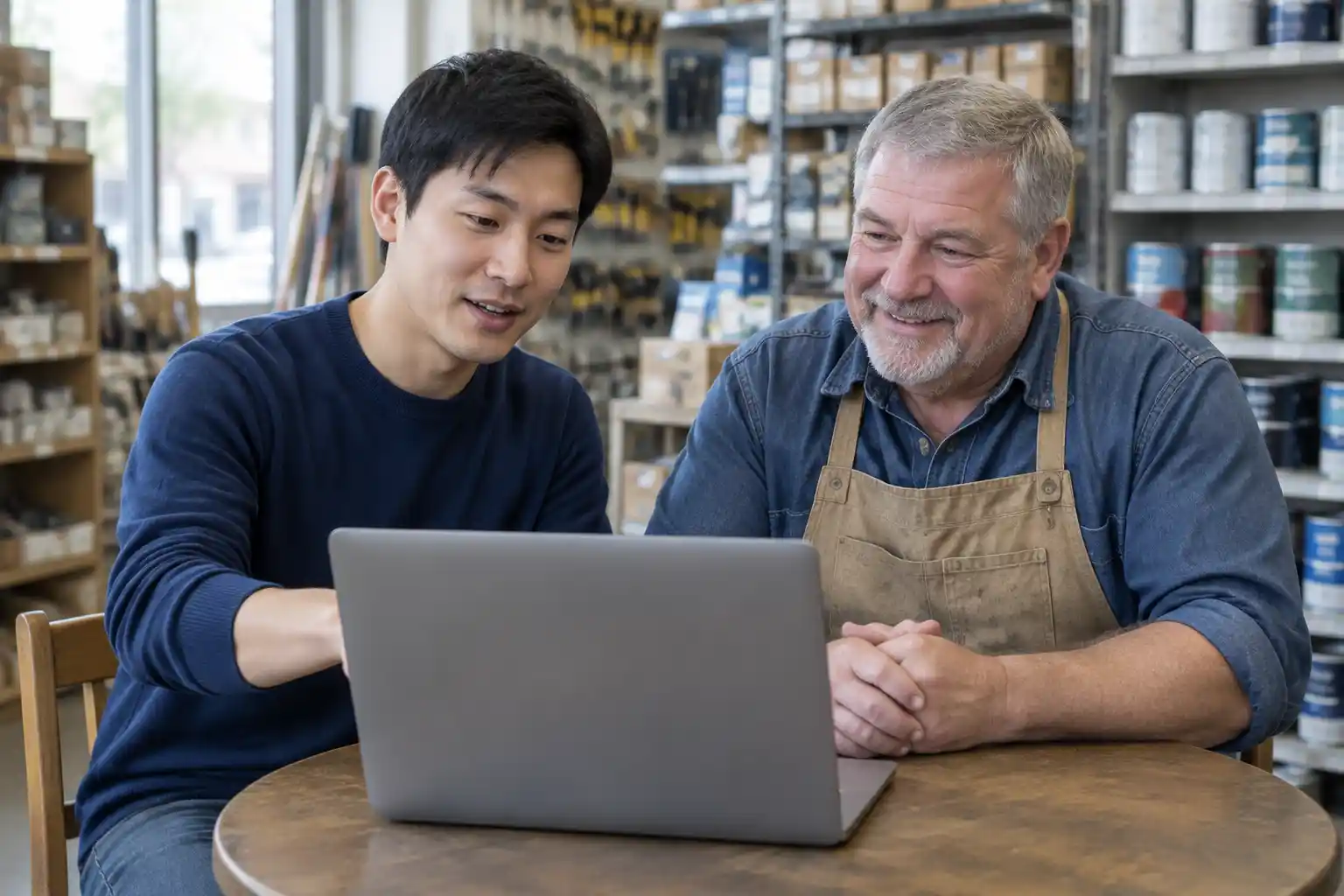 A web designer showing a laptop to a hardware store owner at a small table