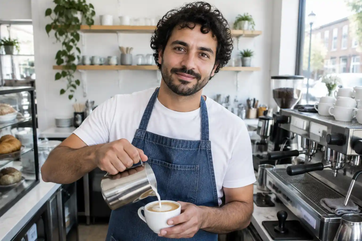 A café owner pouring milk into a coffee at his counter