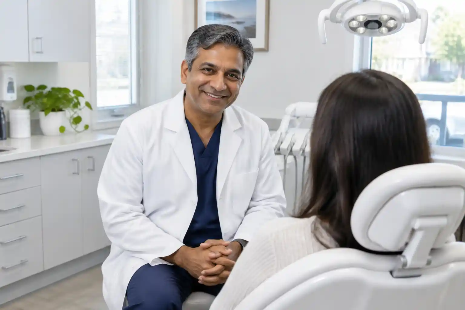 A dentist talking with a patient in his practice