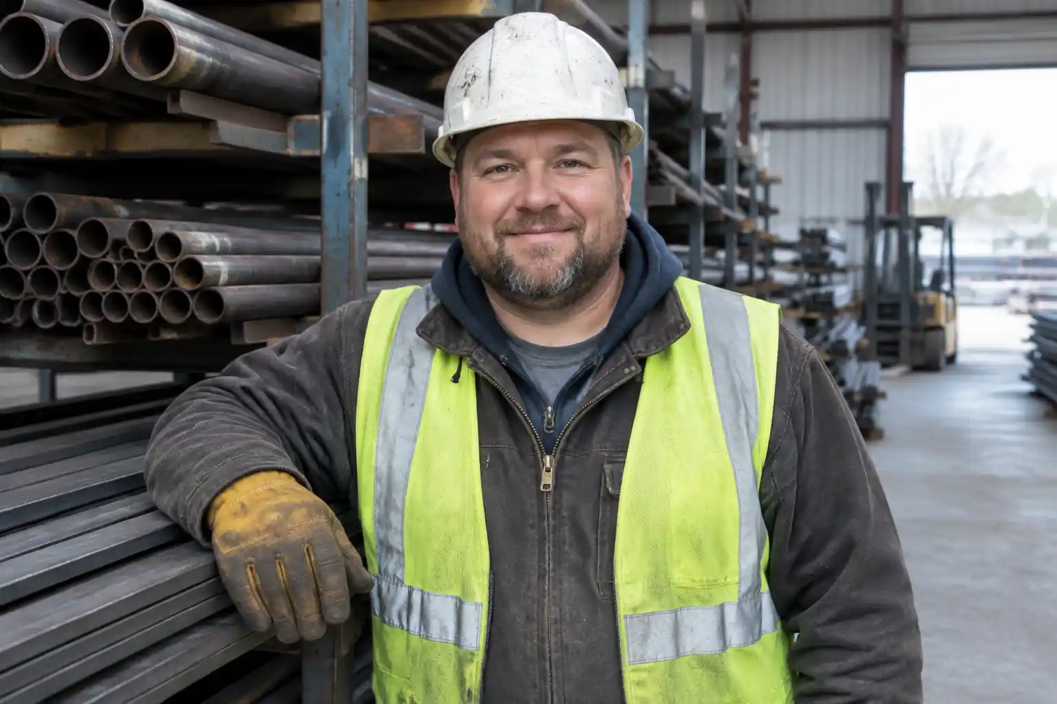 A metal supplier standing beside racks of steel pipe in his warehouse