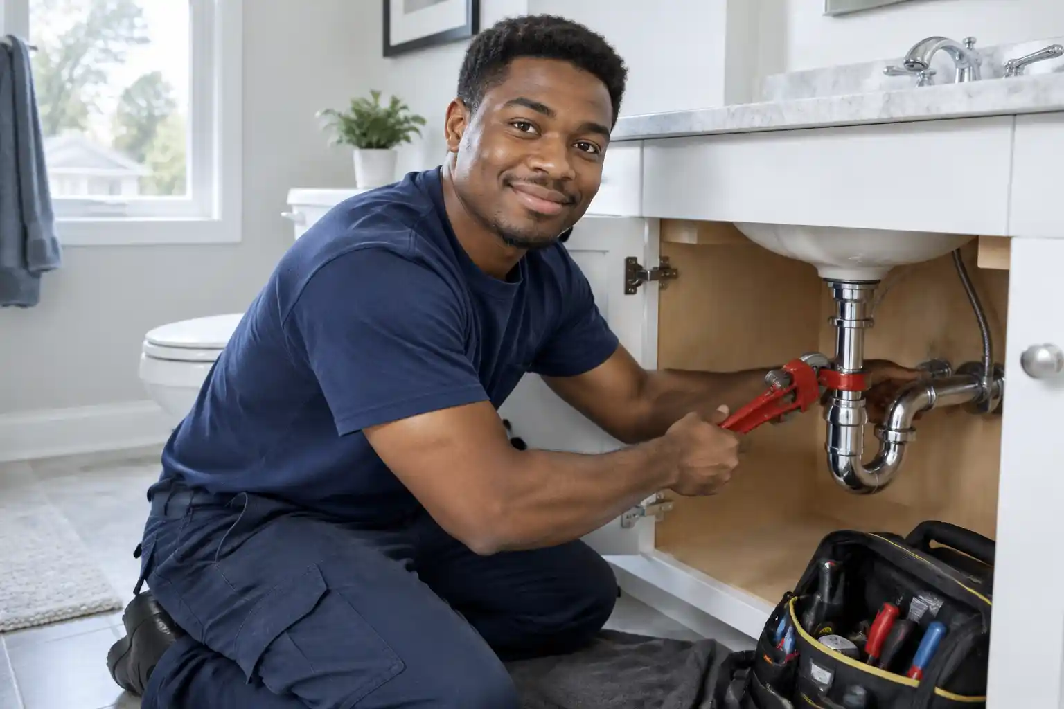 A plumber fixing the pipes under a bathroom sink