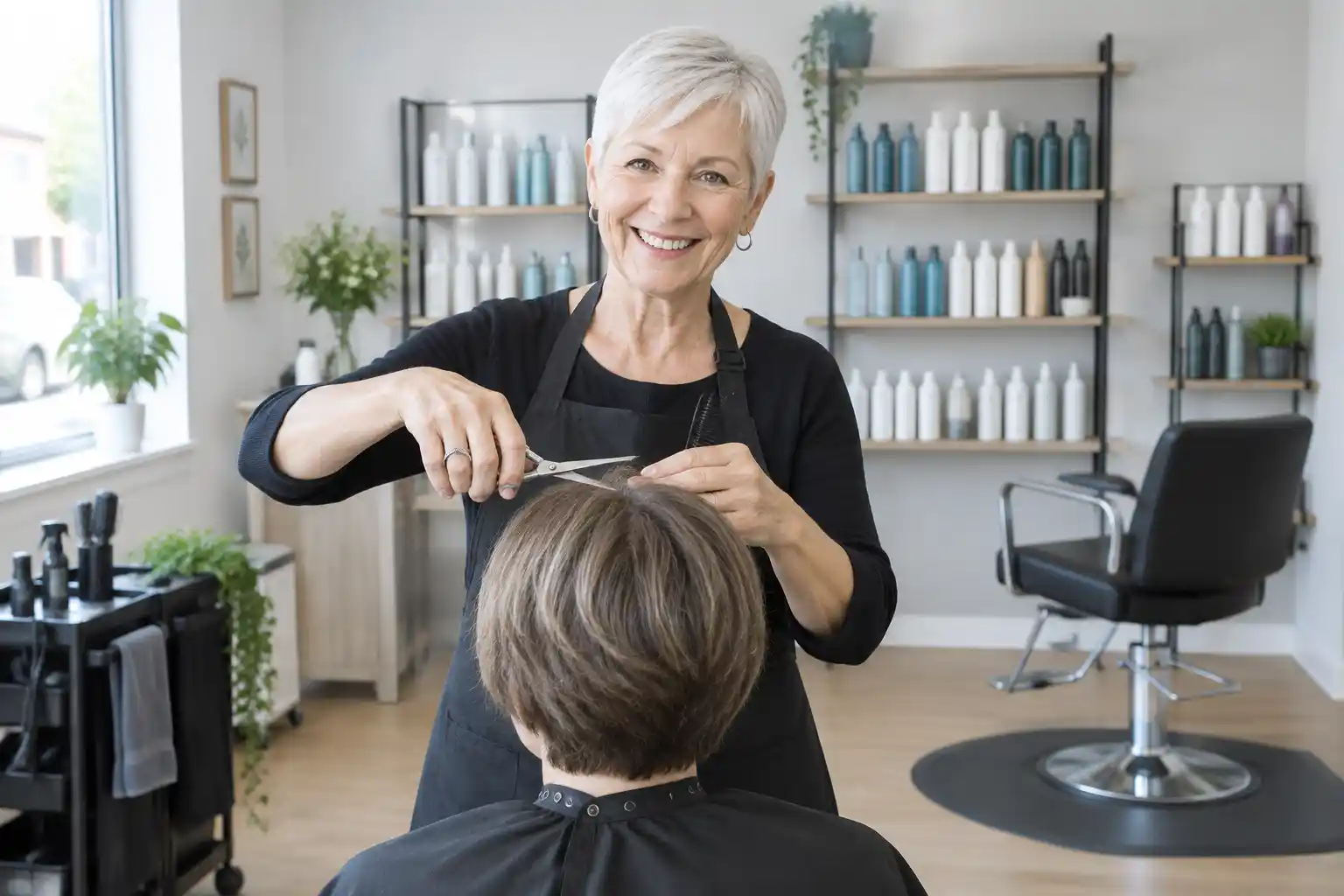 A salon owner cutting a client's hair