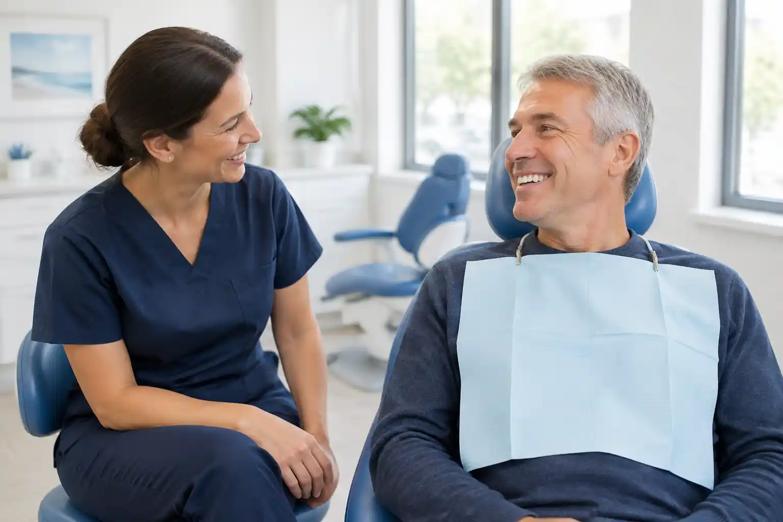 A dentist sitting beside a smiling grey-haired man in a blue dental chair, talking through his smile options