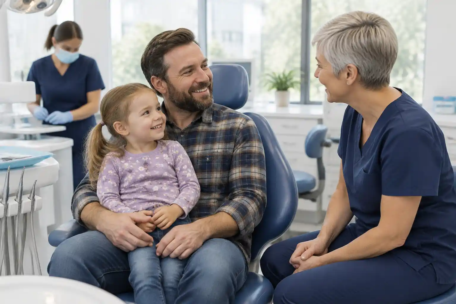 A father with his young daughter on his lap in a blue dental chair, chatting with a hygienist