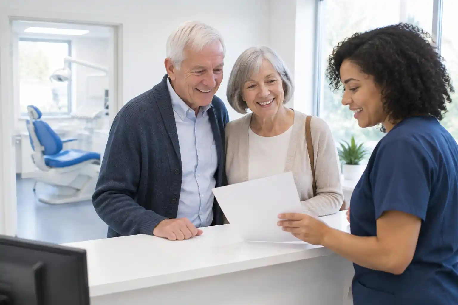 A receptionist going over a sheet of paper with a smiling older couple at the front desk