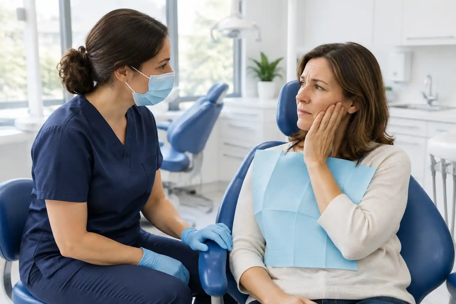 A masked dentist listening to a woman holding her cheek in a blue dental chair