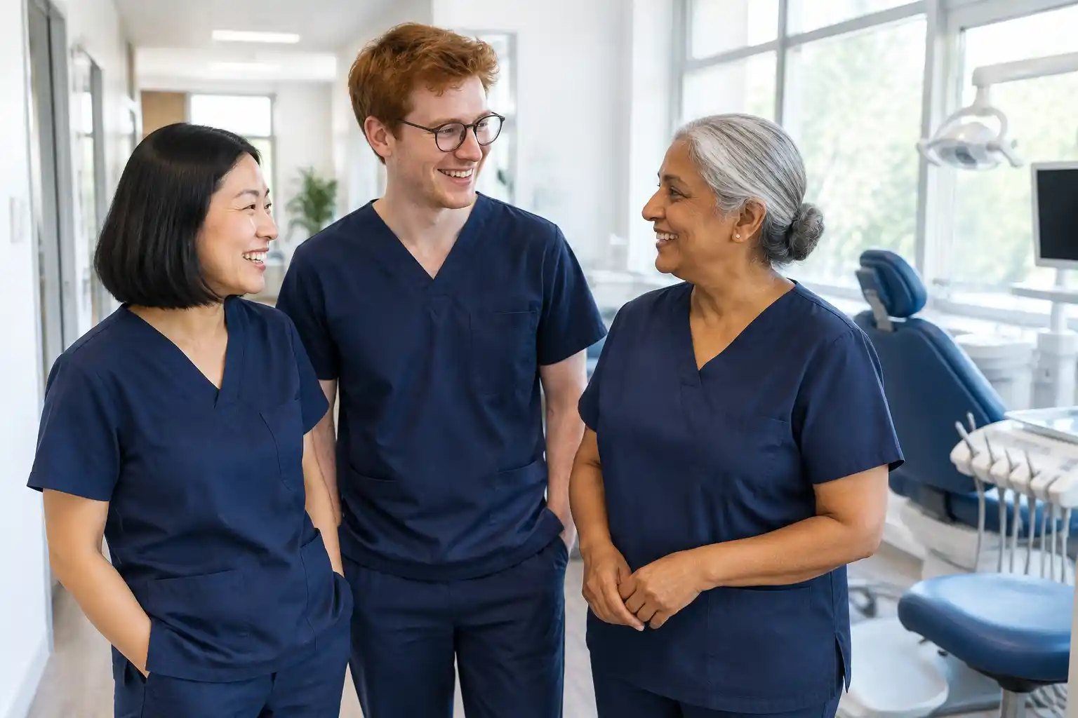 Three members of the dental team in navy scrubs talking together in a bright clinic hallway