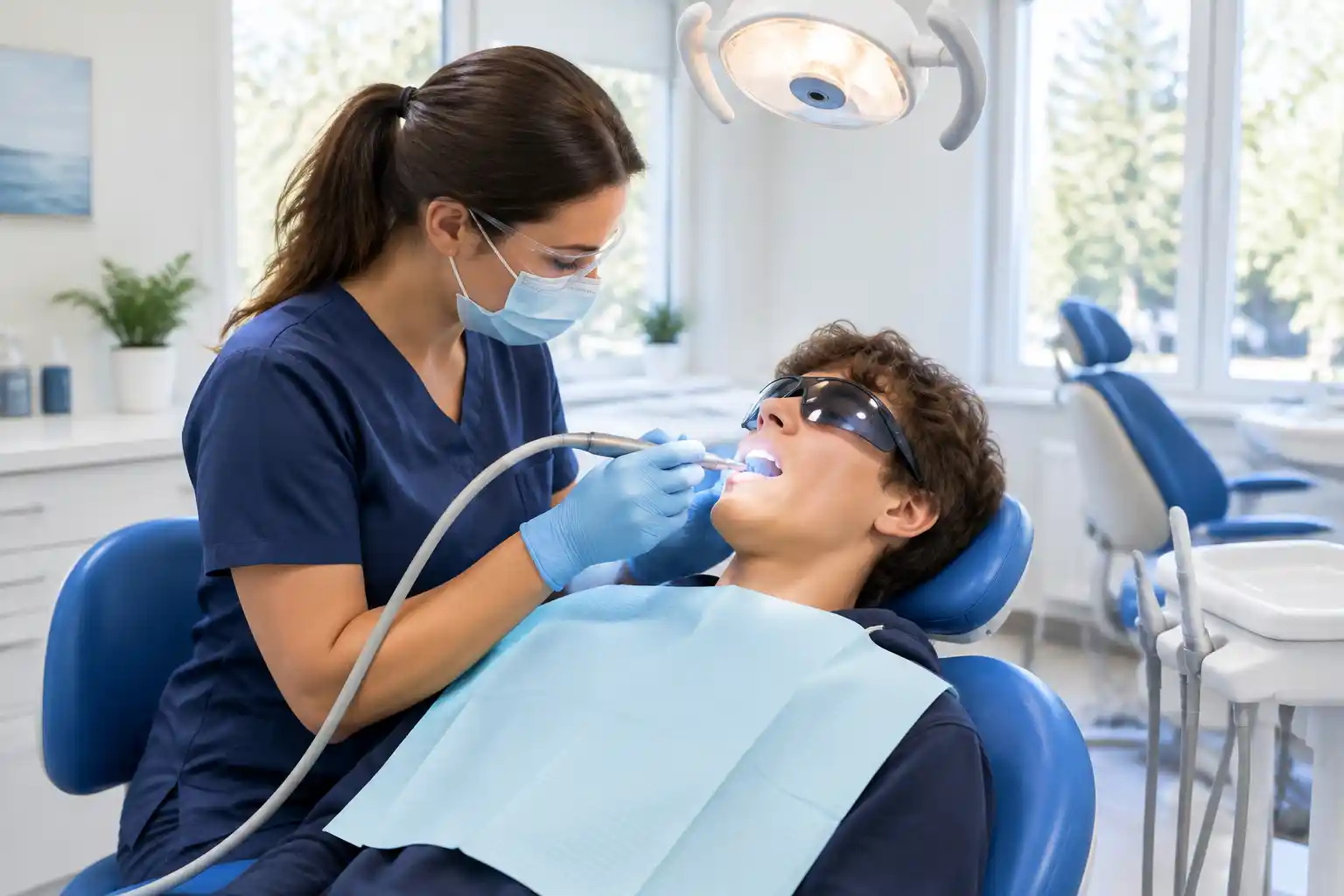 A masked hygienist polishing a teenager's teeth in a blue dental chair