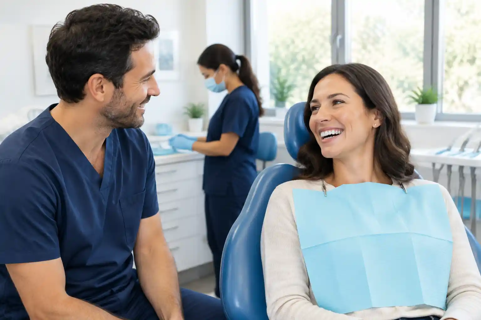 A woman laughing with her dentist after a cosmetic visit
