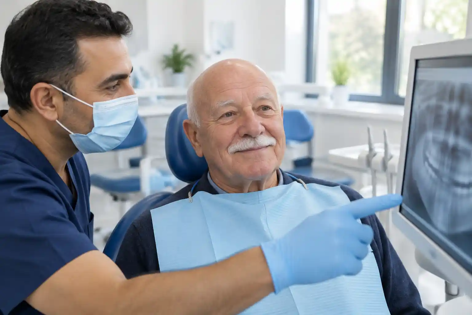 An older man in a blue dental chair looking at his X-ray as his dentist points to it