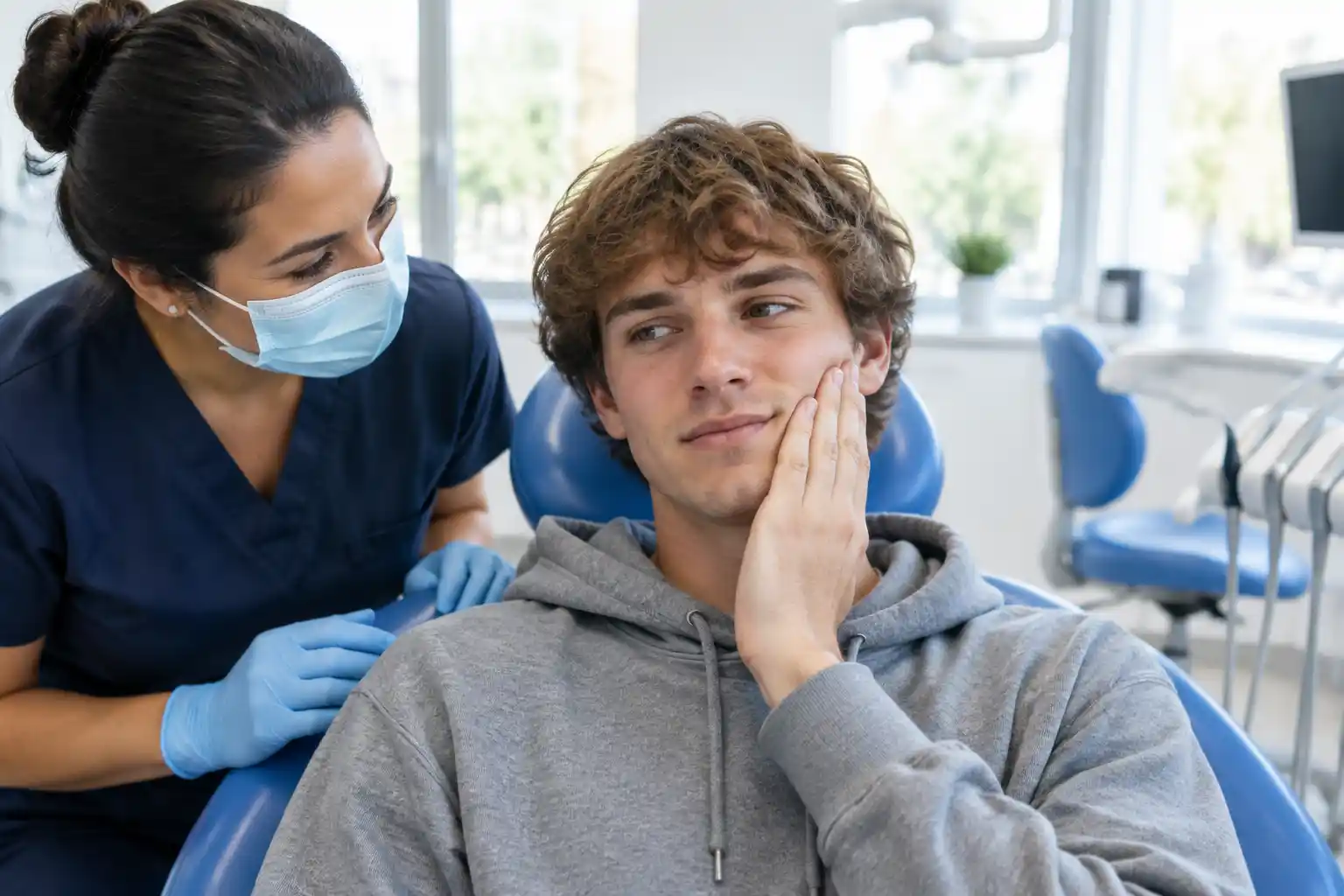 A young man holding his cheek in a blue dental chair as a masked dentist leans in