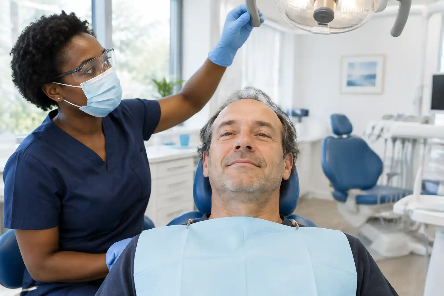 A hygienist in a mask and gloves adjusting the overhead light above a relaxed man in a blue dental chair