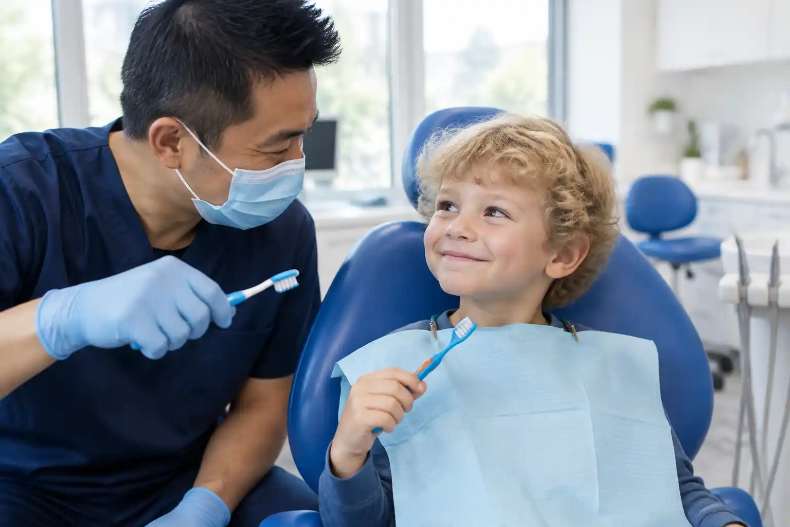 A masked hygienist showing a smiling boy with curly blond hair how to brush