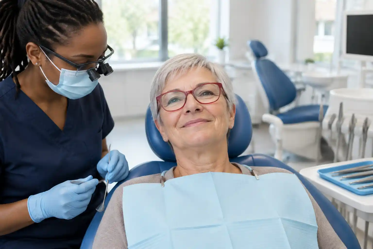 A woman with red glasses smiling in a blue dental chair beside a dentist wearing a mask and loupes